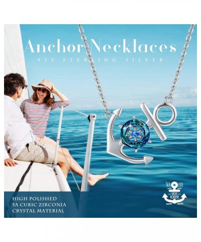 Anchor Necklace for Women, 925 Sterling Silver Boat Anchor Ocean Sailor Necklace, Austrian Circle Crystal Nautical Jewelry Bl...