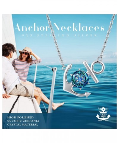 Anchor Necklace for Women, 925 Sterling Silver Boat Anchor Ocean Sailor Necklace, Austrian Circle Crystal Nautical Jewelry Bl...