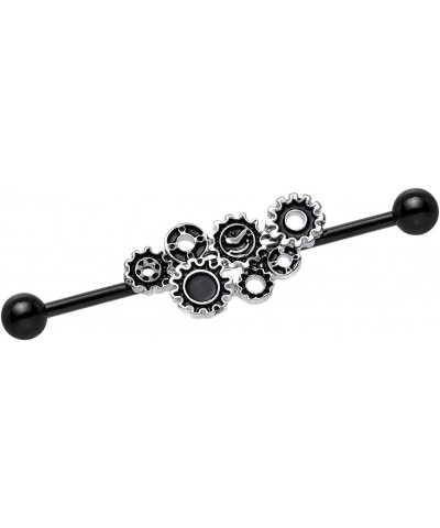 Black Plated Stainless Steel Steampunk Gears Helix Earring Industrial Barbell Piercing 14 Gauge 36mm $7.07 Body Jewelry