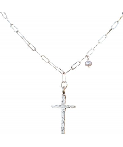 Adina Silver Chain Women's Necklace with Hammered Silver Cross Pendant and Petite Pearl 18 INCH $56.40 Necklaces