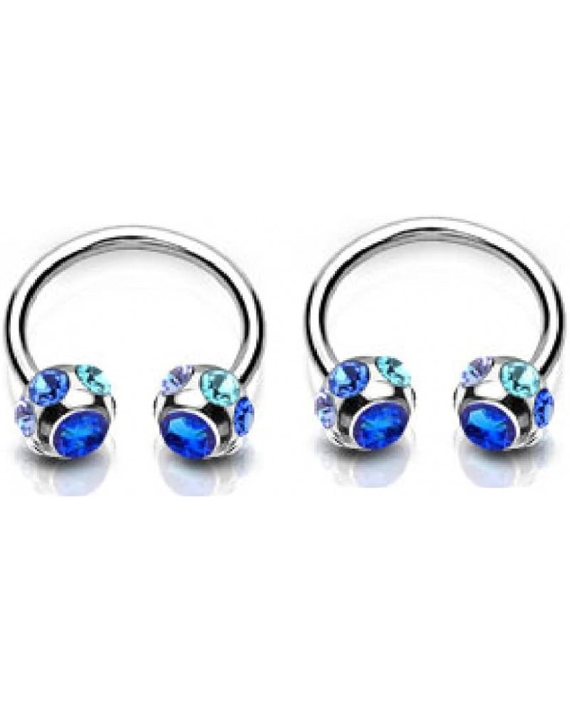 14GA Colorful 7-Gem Paved Balls 316L Surgical Stainless Steel Horseshoe Circular Nipple Ring Barbells, Sold as a Pair Blue $9...