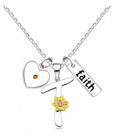 A-Z 26 Alphabet Sunflower Pendant Necklace for Women Girls Stainless Steel Religious Charm Heart Mustard Seed Faith Name Lett...