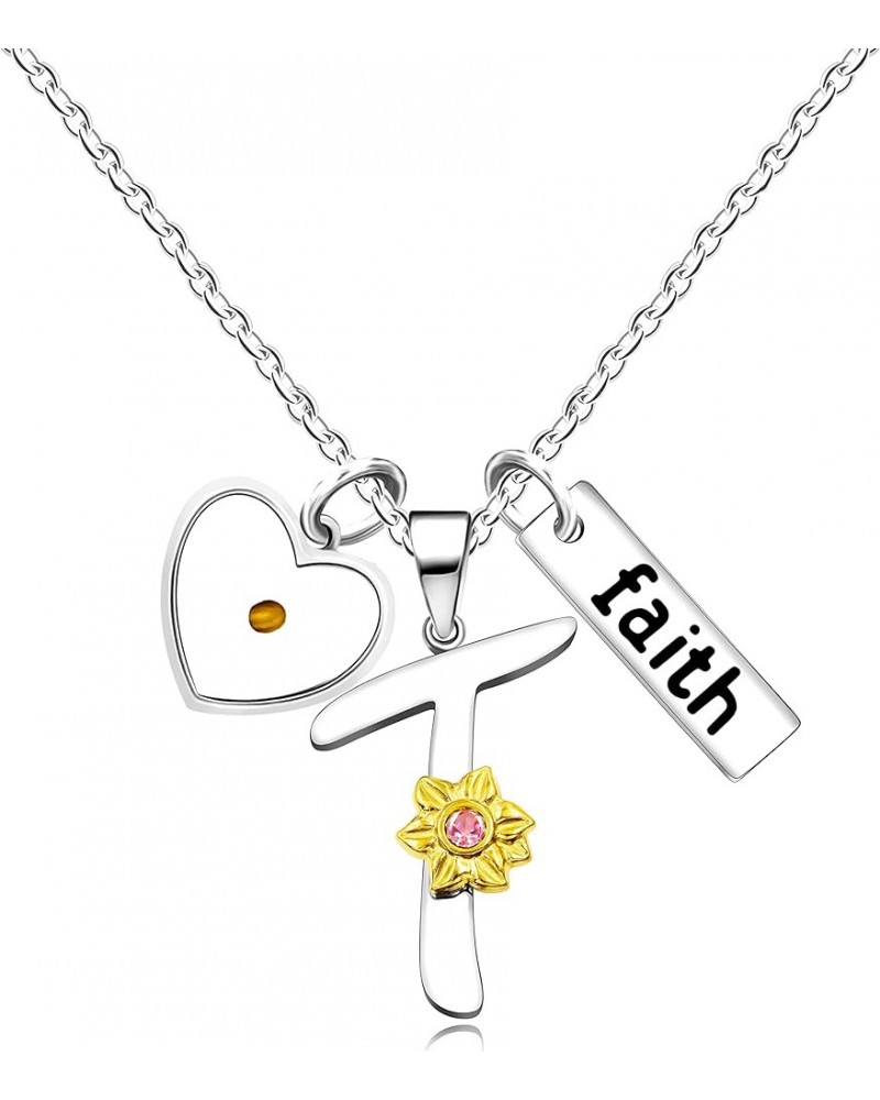 A-Z 26 Alphabet Sunflower Pendant Necklace for Women Girls Stainless Steel Religious Charm Heart Mustard Seed Faith Name Lett...