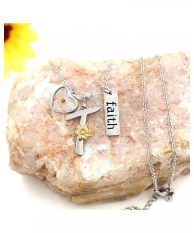 A-Z 26 Alphabet Sunflower Pendant Necklace for Women Girls Stainless Steel Religious Charm Heart Mustard Seed Faith Name Lett...