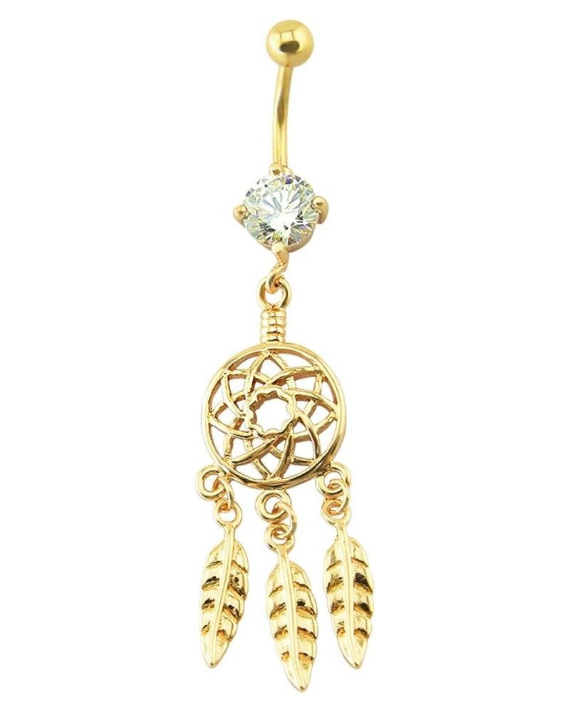 316L Surgical Steel PVD Gold 14G Curved Barbell Dream Catcher Feathers Dangle Belly Button Rings CZ Navel Piercing Jewelry 3/...