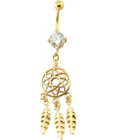 316L Surgical Steel PVD Gold 14G Curved Barbell Dream Catcher Feathers Dangle Belly Button Rings CZ Navel Piercing Jewelry 3/...