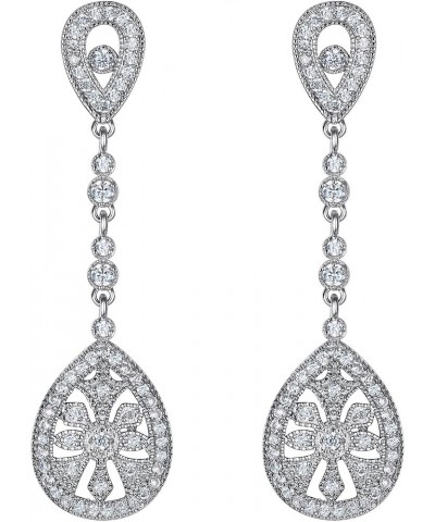 Bridal Art Deco Classical Gatsby Inspired 1920s Pave Cubic Zirconia Chandelier Dangle Earrings for Women Pierced_Clear Silver...