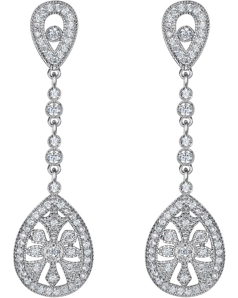 Bridal Art Deco Classical Gatsby Inspired 1920s Pave Cubic Zirconia Chandelier Dangle Earrings for Women Pierced_Clear Silver...