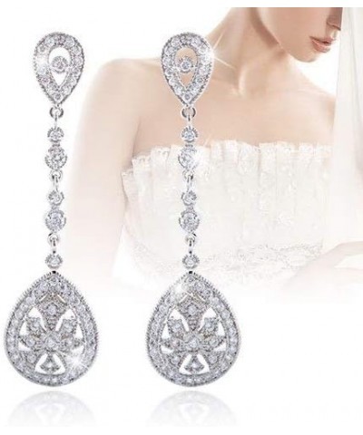 Bridal Art Deco Classical Gatsby Inspired 1920s Pave Cubic Zirconia Chandelier Dangle Earrings for Women Pierced_Clear Silver...