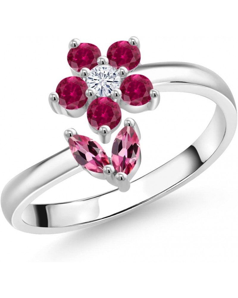 925 Sterling Silver Pink Tourmaline Red Created Ruby and White Moissanite Flower Open Ring For Women (0.51 Cttw, Gemstone Oct...