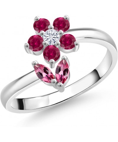 925 Sterling Silver Pink Tourmaline Red Created Ruby and White Moissanite Flower Open Ring For Women (0.51 Cttw, Gemstone Oct...