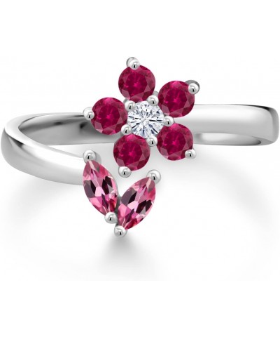 925 Sterling Silver Pink Tourmaline Red Created Ruby and White Moissanite Flower Open Ring For Women (0.51 Cttw, Gemstone Oct...