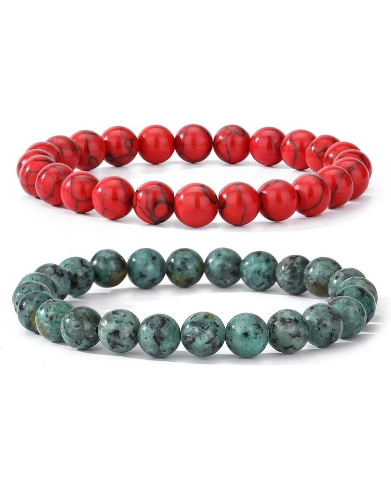 Mens Beaded Bracelets Couples Matching Bracelet Set Matte Lava Rock Beads for Women Stone Jewelry Z-African Turquoise&Red How...