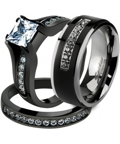 Her and His 3 Piece Black Stainless Steel Engagement Wedding Ring Set and Titanium Band Size Women's 05 Men's 11 $23.29 Sets