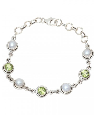 Handmade Peridot Cultured Freshwater Pearl Link Bracelet from India .925 Sterling Silver Gemstone Birthstone [6.5 in min L x ...