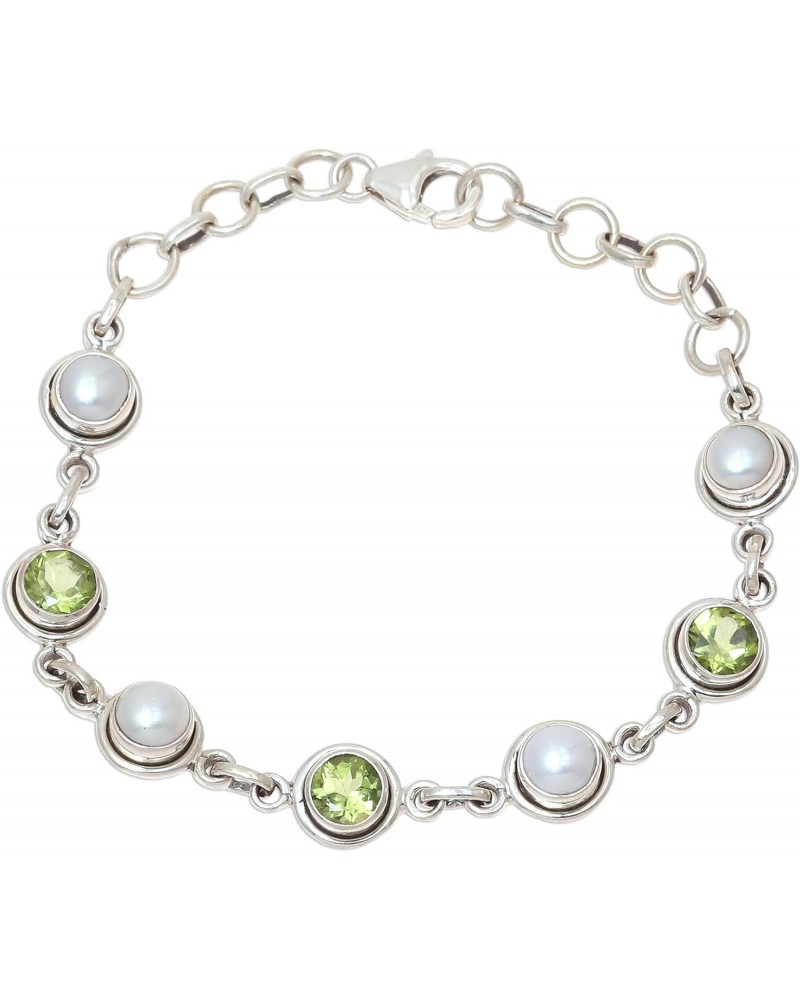 Handmade Peridot Cultured Freshwater Pearl Link Bracelet from India .925 Sterling Silver Gemstone Birthstone [6.5 in min L x ...