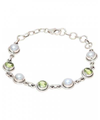 Handmade Peridot Cultured Freshwater Pearl Link Bracelet from India .925 Sterling Silver Gemstone Birthstone [6.5 in min L x ...