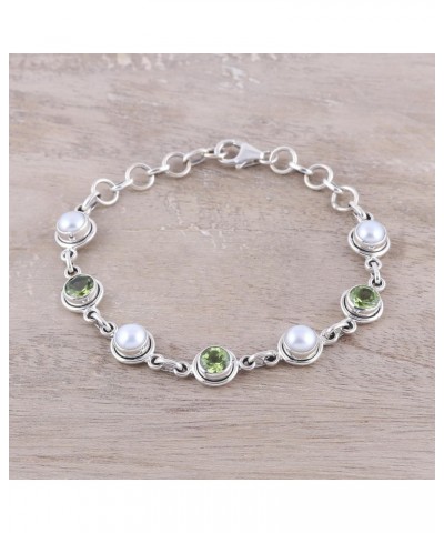 Handmade Peridot Cultured Freshwater Pearl Link Bracelet from India .925 Sterling Silver Gemstone Birthstone [6.5 in min L x ...