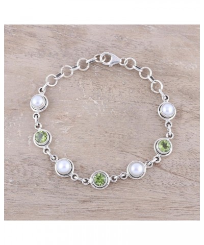 Handmade Peridot Cultured Freshwater Pearl Link Bracelet from India .925 Sterling Silver Gemstone Birthstone [6.5 in min L x ...