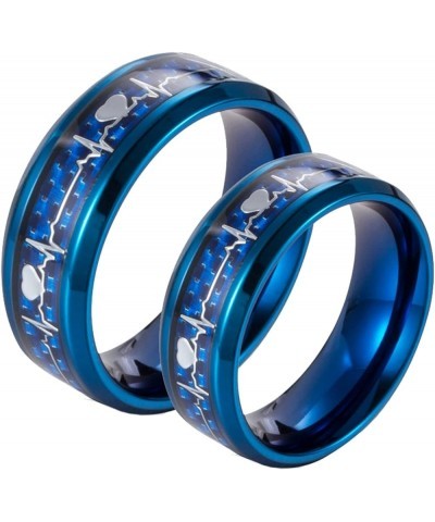 Couples Rings Stainless Steel, Custom Rings for Men and Women Blue Carbon Fiber Ring with Heartbeat Size 6 to Size 13 No Lett...