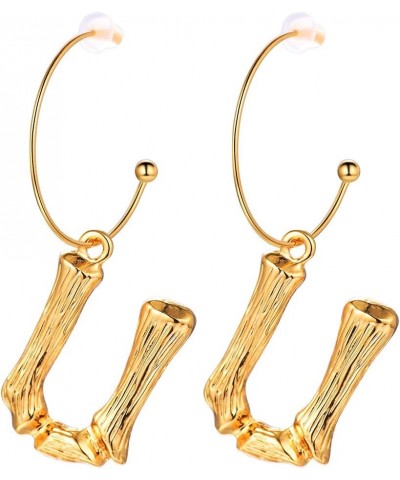 Bamboo Initial Earrings Stainless Steel 18k Gold Plated Half-Hoop Drop Letter Earrings for Women U $10.24 Earrings