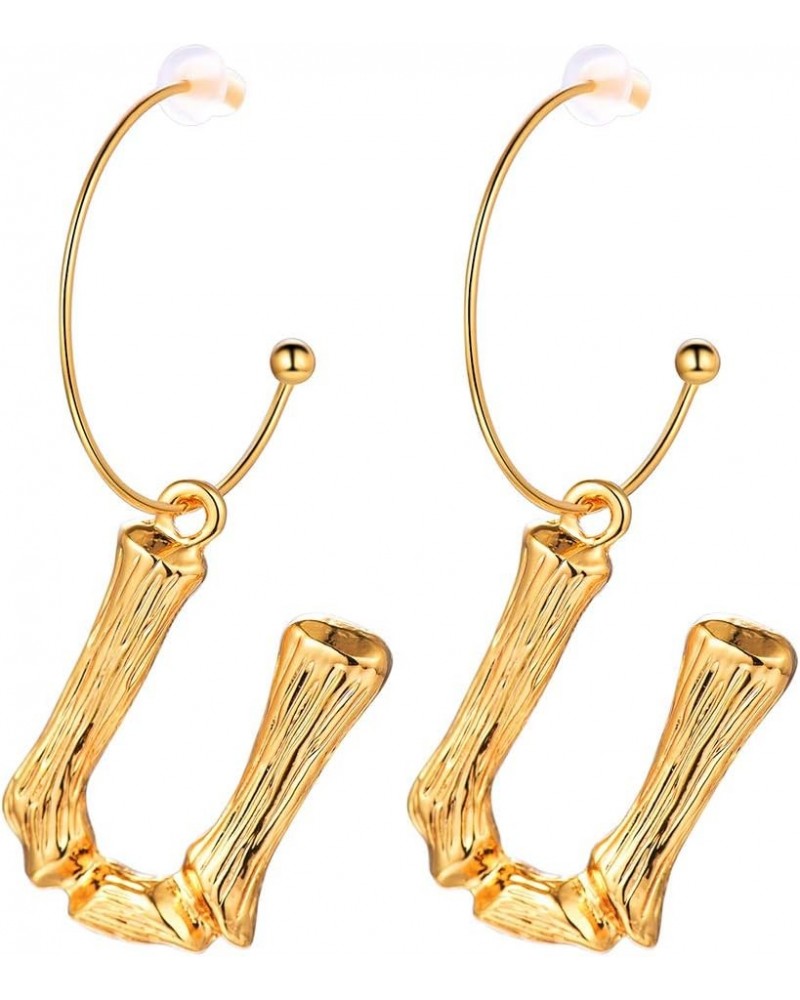 Bamboo Initial Earrings Stainless Steel 18k Gold Plated Half-Hoop Drop Letter Earrings for Women U $10.24 Earrings