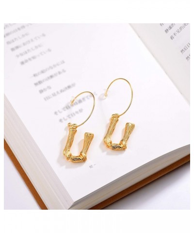 Bamboo Initial Earrings Stainless Steel 18k Gold Plated Half-Hoop Drop Letter Earrings for Women U $10.24 Earrings