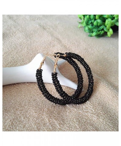 Beaded Hoop Earrings for Women - Big Circle Beaded Earrings Handmade - Idea for tea party hats, Wedding or Daily Wear Black M...