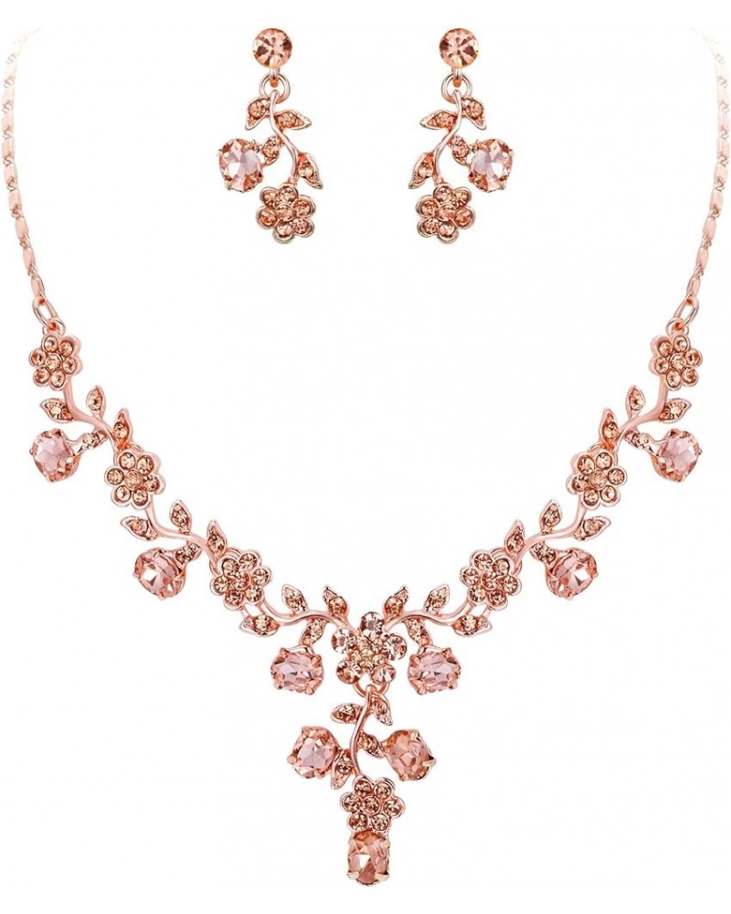 Flower Leaf Necklace Earrings Set Austrian Crystal 16_Champagne Rose Gold-Tone $13.91 Jewelry Sets