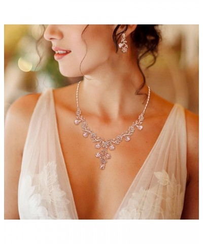 Flower Leaf Necklace Earrings Set Austrian Crystal 16_Champagne Rose Gold-Tone $13.91 Jewelry Sets