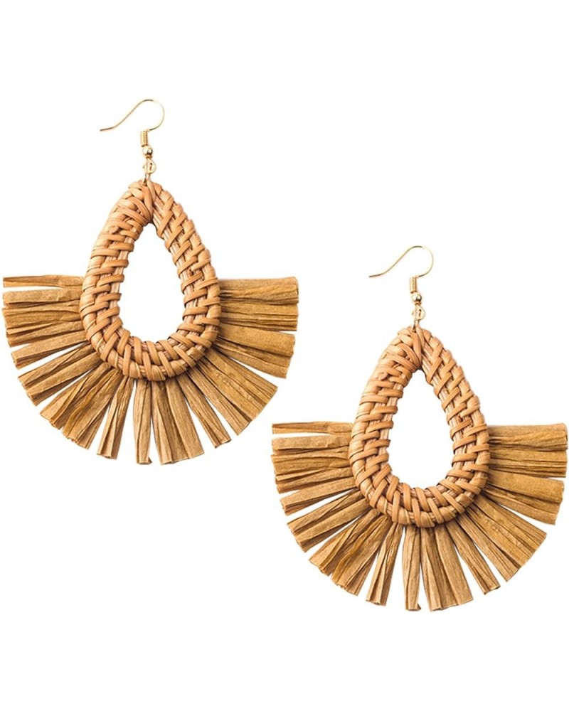 Rattan Drop Earring - Statement Bohemia Fan-shaped Raffia Earrings Handmade Straw Braid Hoop Drop Dangle Earrings For Women G...