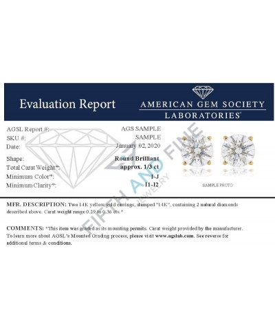 AGS Certified (Near Colorless I1-I2) 1/5ct TW to 2.00ct TW Natural Diamond Stud Earrings Set in 14K Gold with Screw Back 14k ...