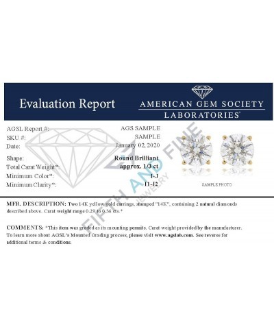 AGS Certified (Near Colorless I1-I2) 1/5ct TW to 2.00ct TW Natural Diamond Stud Earrings Set in 14K Gold with Screw Back 14k ...