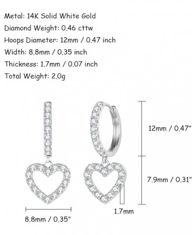 14K Solid White/Yellow Gold Pave 0.46 CTTW Diamond Heart Dangle Huggie Hoop Earrings Dainty Delicate Fine Jewelry For Women G...