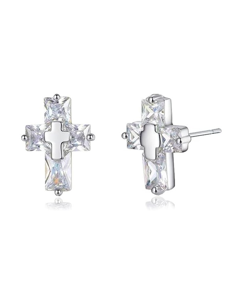 Cross Earrings, 925 Sterling Silver Earrings AAA+ Cubic Zirconia Tiny Cross Stud Earrings for Women & Girls White $5.60 Earrings