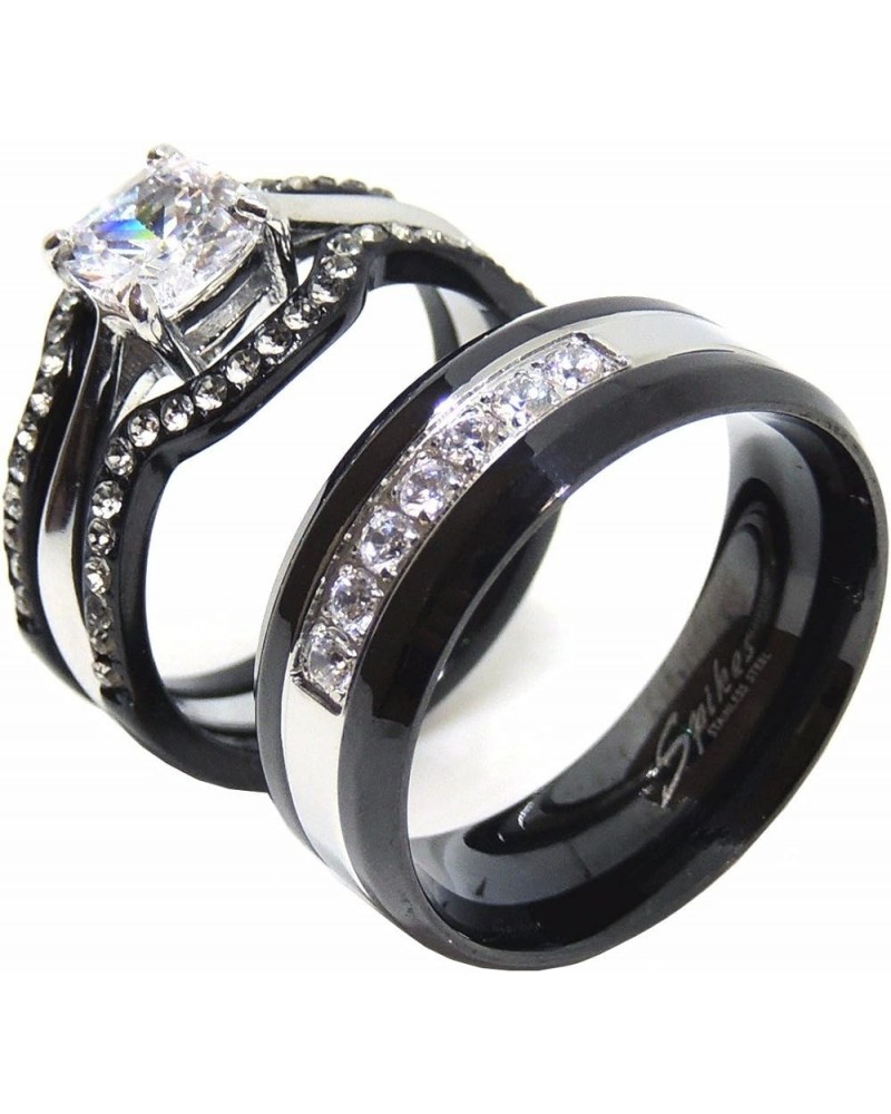 His Hers Couples Ring Set Womens Black Stainless Steel Promise Ring Mens 7 CZ Wedding Band Size Women's 05 Men's 11 $21.19 Sets