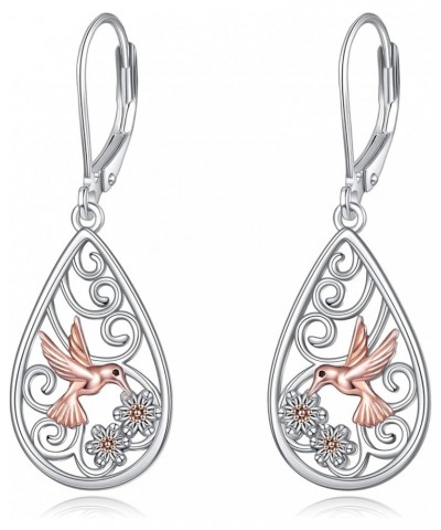 S925 Sterling Silver Filigree Teardrop Leverback Earrings for Women Rose Flower Sunflower Hummingbird Bee Dangle Earrings for...