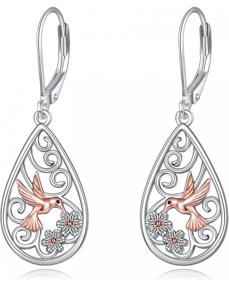 S925 Sterling Silver Filigree Teardrop Leverback Earrings for Women Rose Flower Sunflower Hummingbird Bee Dangle Earrings for...