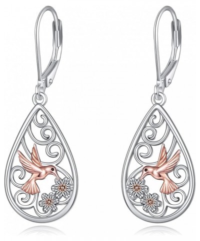 S925 Sterling Silver Filigree Teardrop Leverback Earrings for Women Rose Flower Sunflower Hummingbird Bee Dangle Earrings for...