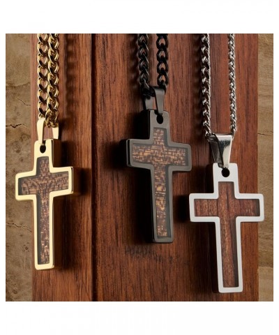 Tungsten Cross Gold Plated, Black Plated or Polished with Inlay of Opal, Hawaiian Koa Wood or Black Carbon Fiber Stainless St...