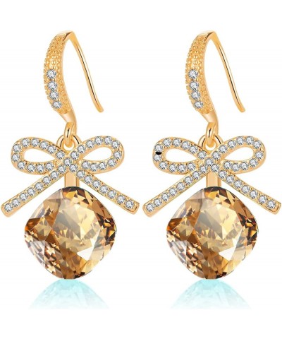 Austrian Crystal Bowknot Cushion Cut Square Drop Dangle Earrings for Women Fashion 14K Gold Plated Hypoallergenic Jewelry Lig...