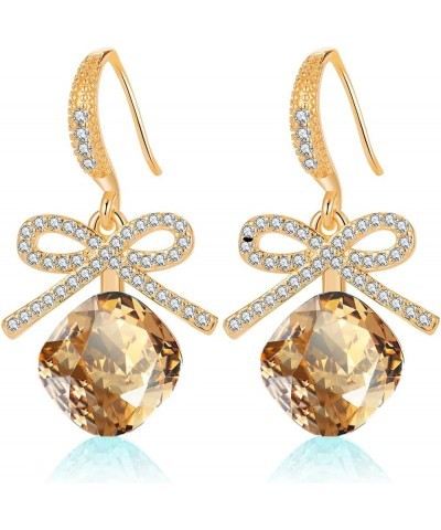 Austrian Crystal Bowknot Cushion Cut Square Drop Dangle Earrings for Women Fashion 14K Gold Plated Hypoallergenic Jewelry Lig...