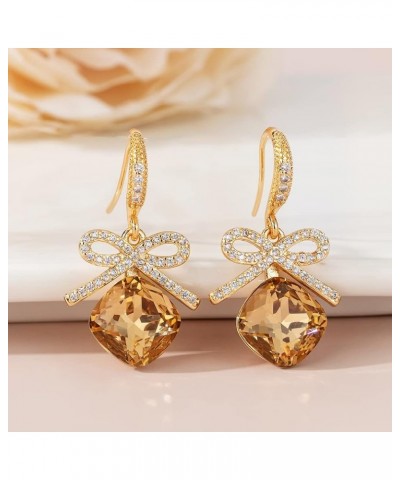 Austrian Crystal Bowknot Cushion Cut Square Drop Dangle Earrings for Women Fashion 14K Gold Plated Hypoallergenic Jewelry Lig...