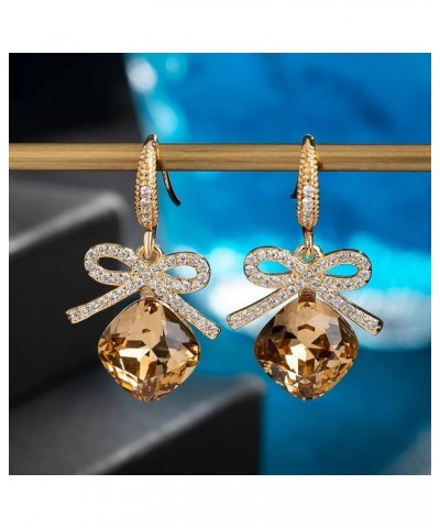 Austrian Crystal Bowknot Cushion Cut Square Drop Dangle Earrings for Women Fashion 14K Gold Plated Hypoallergenic Jewelry Lig...