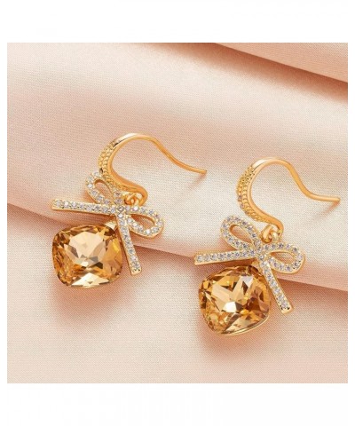 Austrian Crystal Bowknot Cushion Cut Square Drop Dangle Earrings for Women Fashion 14K Gold Plated Hypoallergenic Jewelry Lig...