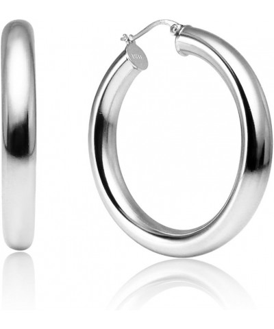 Wide Thick Chunky Silver Hoops, Sterling Silver High Polished Round-Tube Lightweight Click-Top 5mm Hoop Earrings for Women, T...