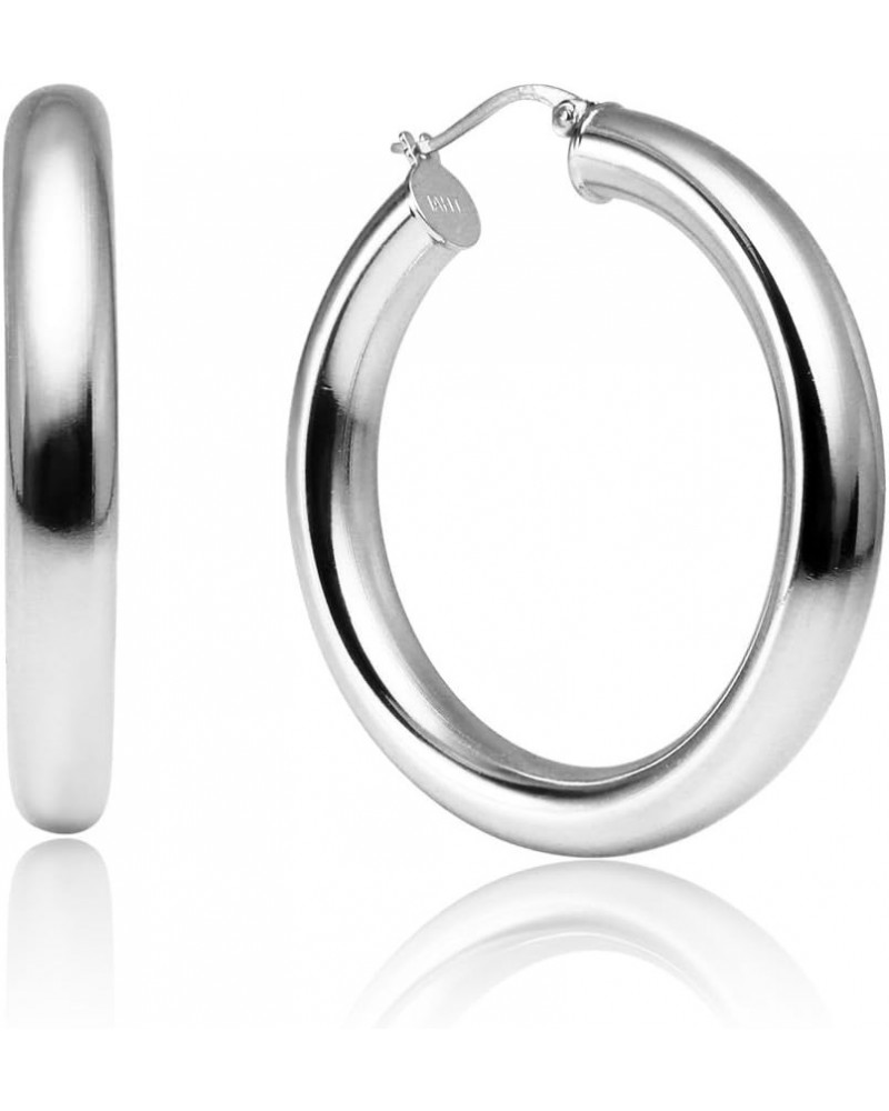 Wide Thick Chunky Silver Hoops, Sterling Silver High Polished Round-Tube Lightweight Click-Top 5mm Hoop Earrings for Women, T...