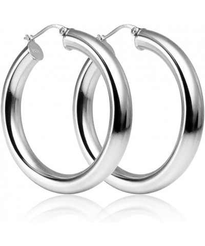 Wide Thick Chunky Silver Hoops, Sterling Silver High Polished Round-Tube Lightweight Click-Top 5mm Hoop Earrings for Women, T...