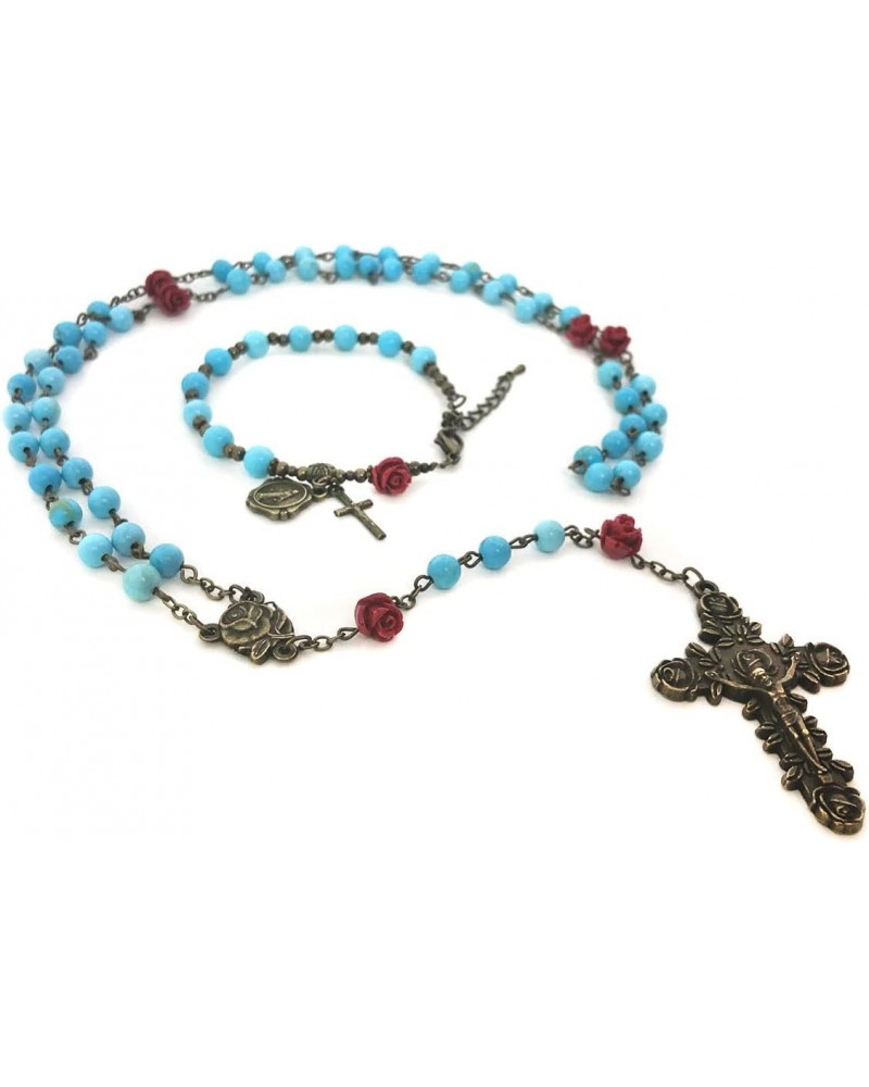 Our Lady of Lourdes Turquoise and Red Rose Rosary and Rosary Bracelet Set,Rosary & Miraculous Medal Bracelet,Catholic Rosary,...