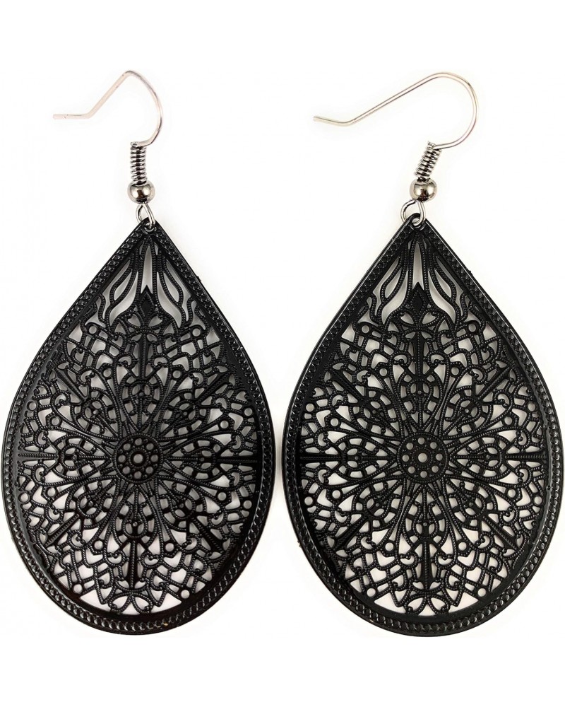 Black Earrings Teardrop Dangle Shiny Very Lightweight Filigree 2.5 inches Long Oval pendant Dk Grey hook ear wires… $8.79 Ear...